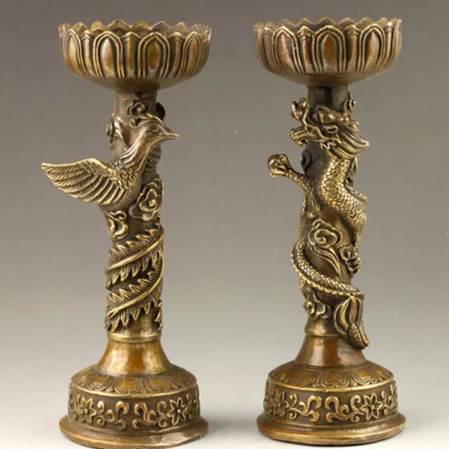 Chinese Handmade Dragon Phoenix Bronze Candlestick Pair Statue Candle Holders