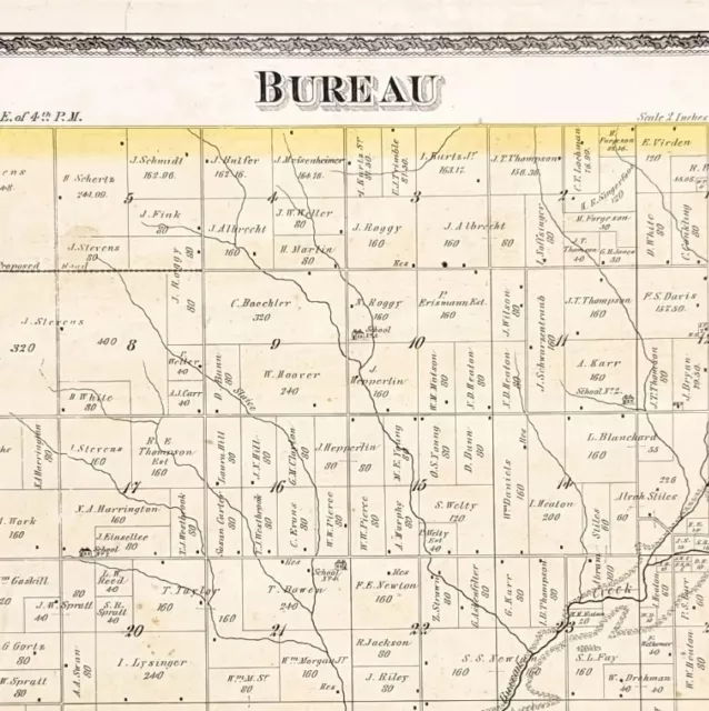 1875 Bureau Illinois PLAT MAP Railroads Property Names Original 17 X 14 Inches