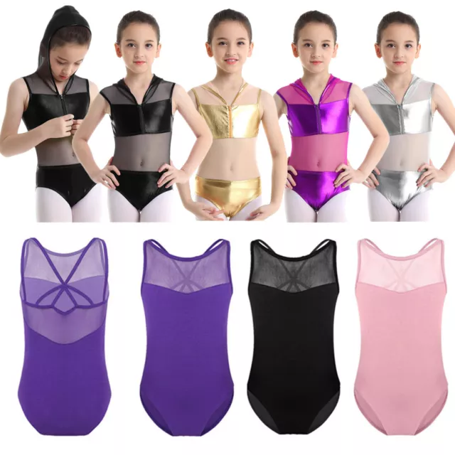 Kids Girls Dance Leotard Ballet Gym Mesh Hooded Dancewear Yoga Jumpsuit Costumes