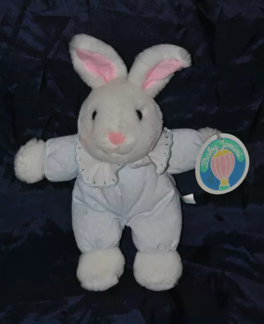 Peluche Doudou Lapin Blanc Bleu à Pois Rose JEMINI Collerette 20/26 Cm Etat NEUF
