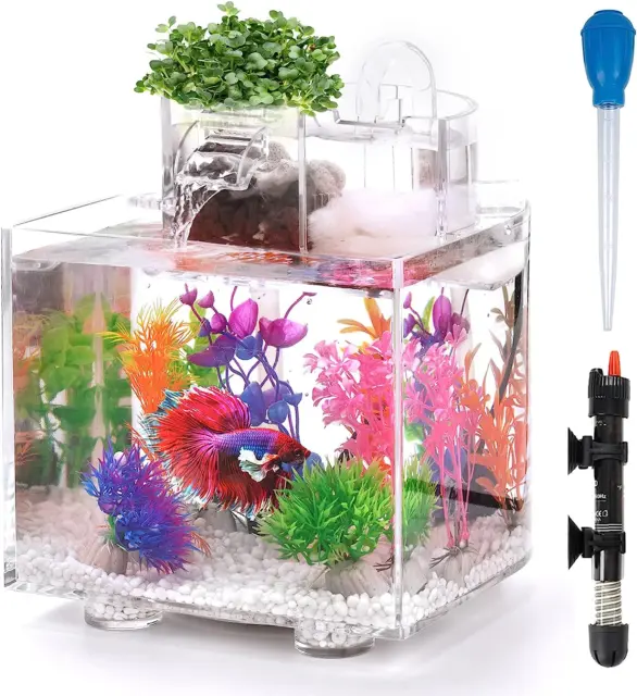 Small Betta Fish Tank, Gallon Aquarium water Tank Kit Mini Betta Fish Bowl Light