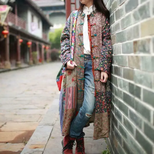Womens Cotton Linen Folk Retro Maxi Long Button Floral Loose Cheongsam Dress
