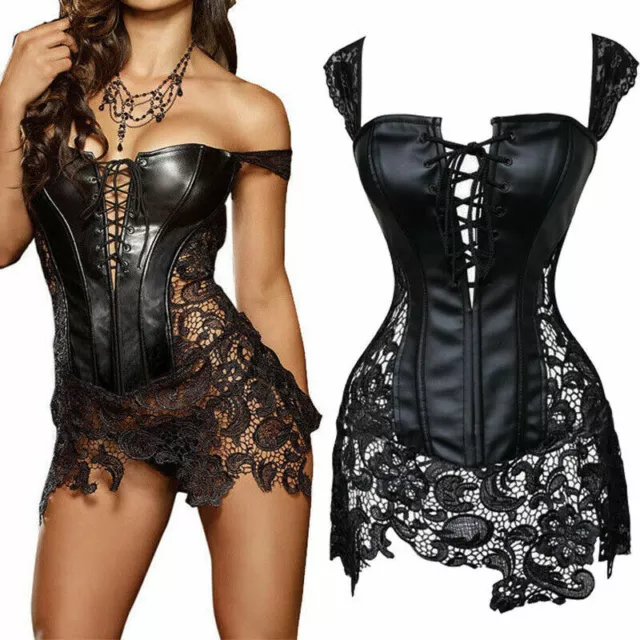 Sexy Women Lace Up Overbust Dress Black Corset Top Basque Bustier Plus Size 6-24