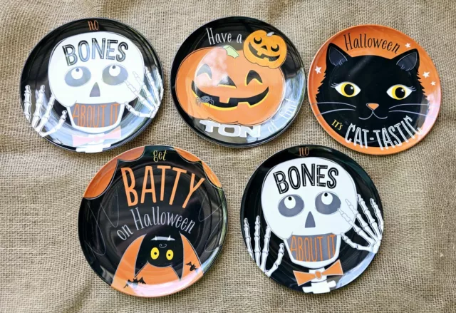 "Pottery Barn Kids 9" Halloween 5 platos calabazas de melamina, murciélagos, esqueleto...