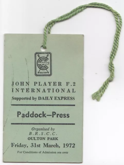 1972 Oulton Park F2 John Player Original Paddock Press Ticket Pass Niki Lauda