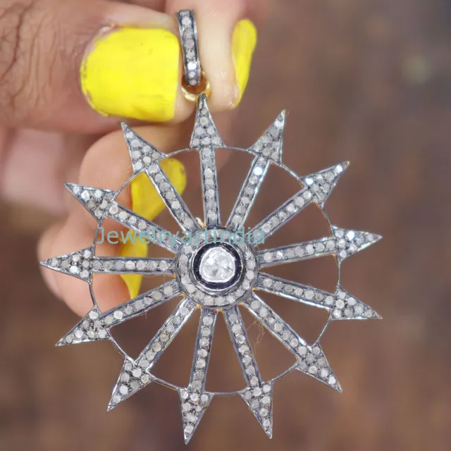 Natural Pave Polki Diamond Sunburst Necklace 925 Sterling Silver Pendant Jewelry