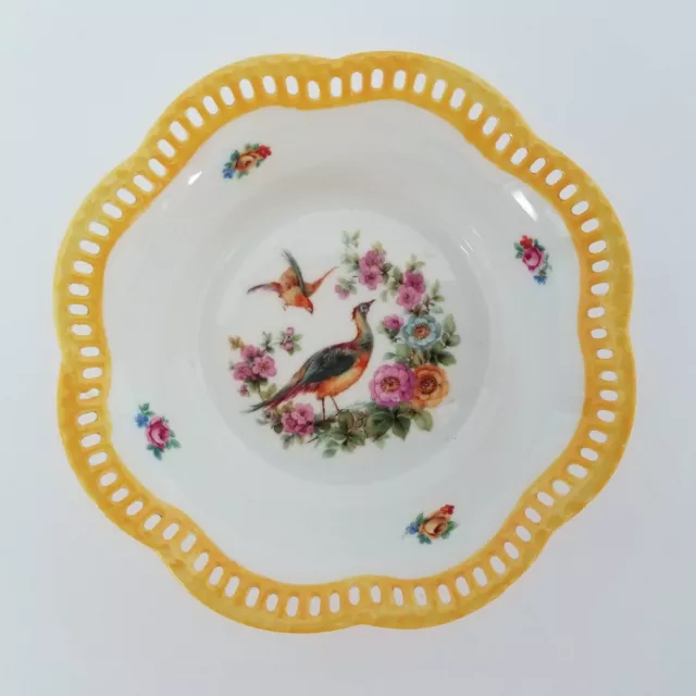 Schumann Bavarian Porcelain Dish Pheasant Flowers Yellow Trim Reticulated Edges