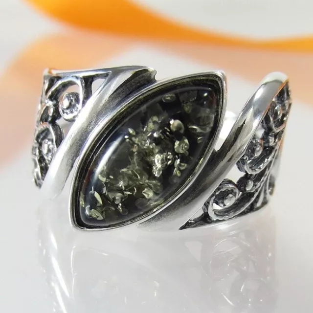 A-332 Ring 925 Sterling Silber Schmuck Baltischer Bernstein Grün Jugendstil