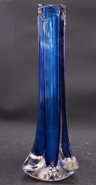 Vtg 1970s WHITEFRIARS #9570 TRICORN KINGFISHER Blue & Clear Glass Vase 9" - A27