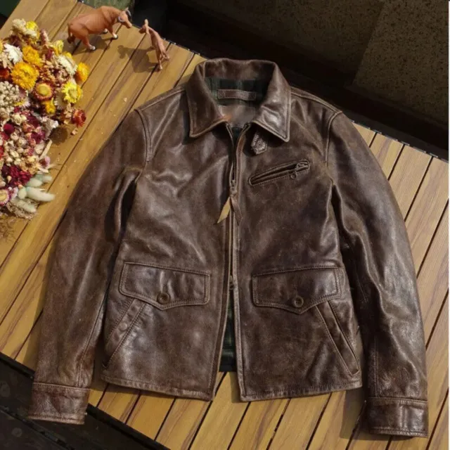 Men's Genuine Cowhide Coat Vintage Brown Biker Leather Jacket Outwear