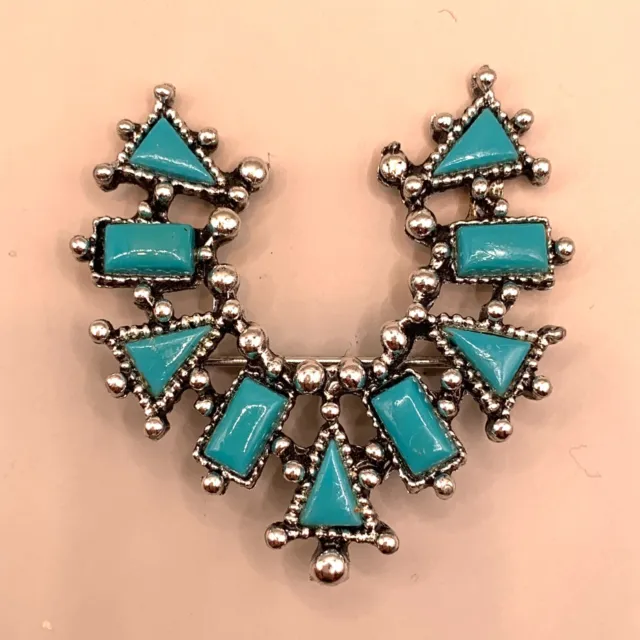 Vintage Turquoise Colored Brooch Pin Jewelry Native American Style Silver Tone