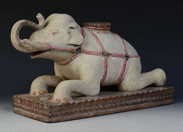 19th Century, Mandalay, Antique Burmese Wooden Lying Elephant