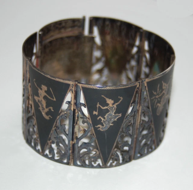 Vtge SIAM STERLING SILVER Thai Goddess NIELLOWARE Wide Panel Bracelet mrkd 925