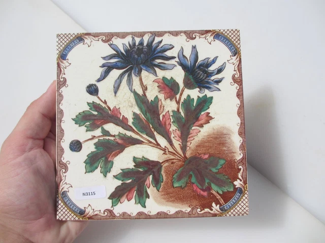 Antique Ceramic Tile Vintage Floral Art Nouveau Flowers Old Leaf