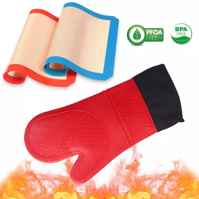 Long Length+Convenient Red Oven Glove -Silicone Flexible Mitt With Quilted Liner