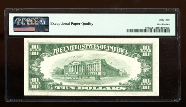 DBR 1934-D $10 Silver Wide Fr. 1705W PMG 64 EPQ Serial B39164152A 2