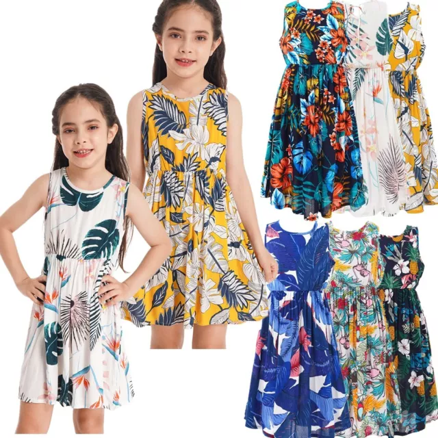 Kids Girls Sleeveless Chiffon Floral Print Sundress Summer Elastic Waist Dress