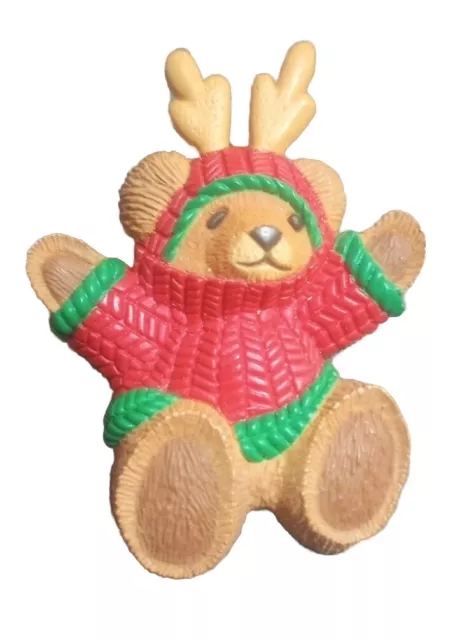 VTG Hallmark Cards (HMK CDS) Christmas Pin Bear Reindeer Antlers Red Sweater