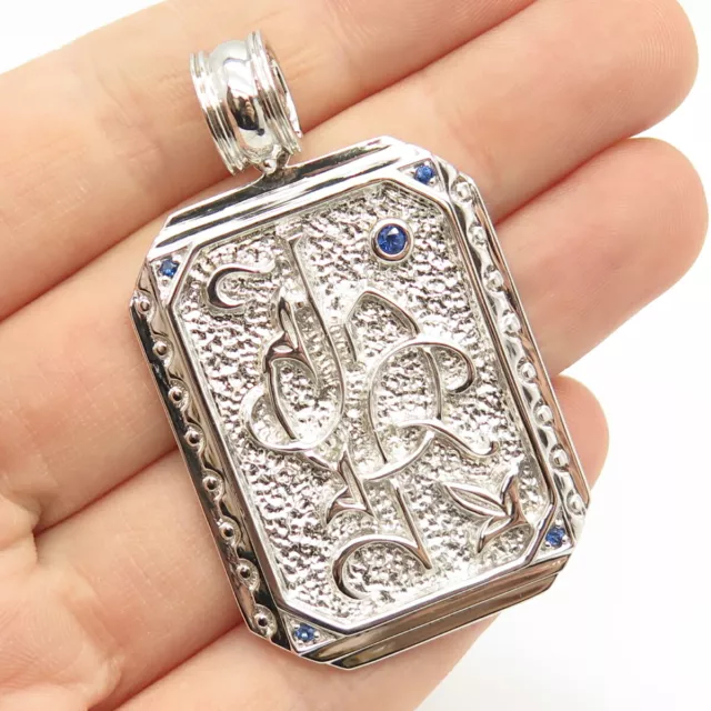925 Sterling Silver Real Sapphire Gem Ornate Rectangle Pendant