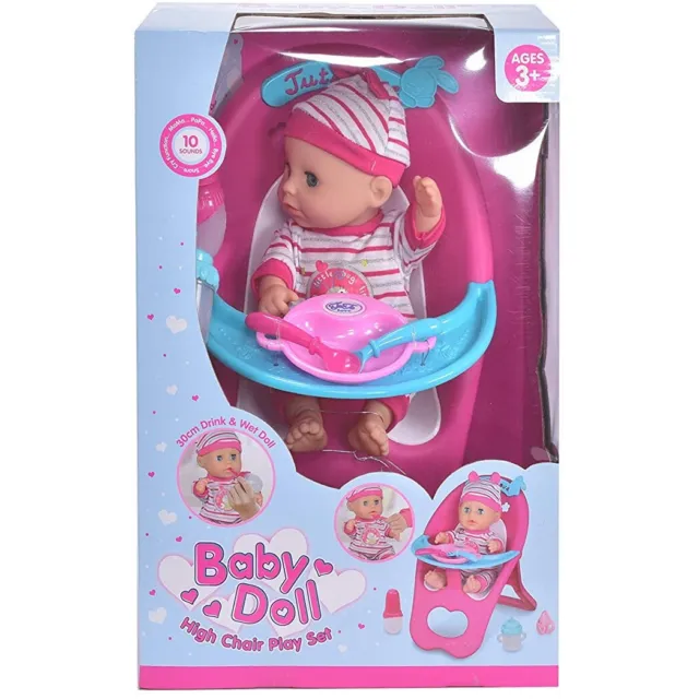 Baby Doll High Chair & feeding Play set Drink & Wet Doll Sounds & accessories