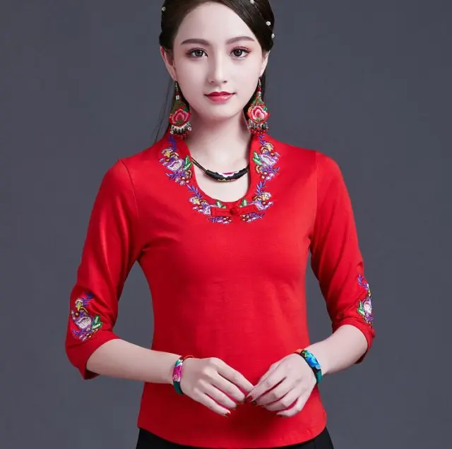 Women's Chinese Folk Embroidery Cotton Long Sleeve T-shirt Stretchy Tops Blouse