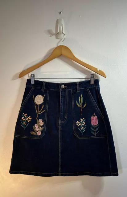 Princess Highway Women’s Blue Denim Aline Skirt w/ Flower Embroidery - Size 10