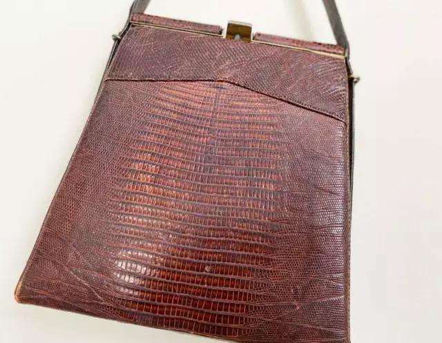 1960s Alligator Handbag w Unique Strap/ Great Shape w Slim Profile & Brass HW