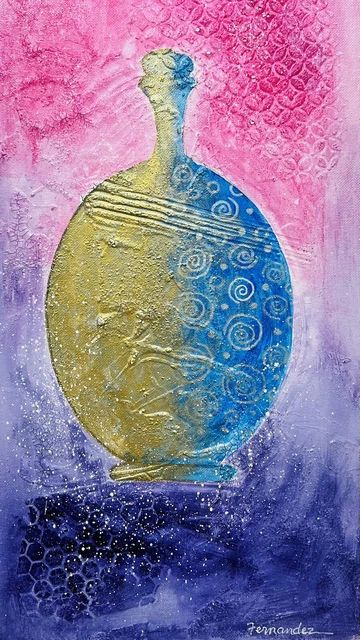 Acrylic Painting On Textured Canvas Whimsical Jar #5 10” X 20” Best Offer