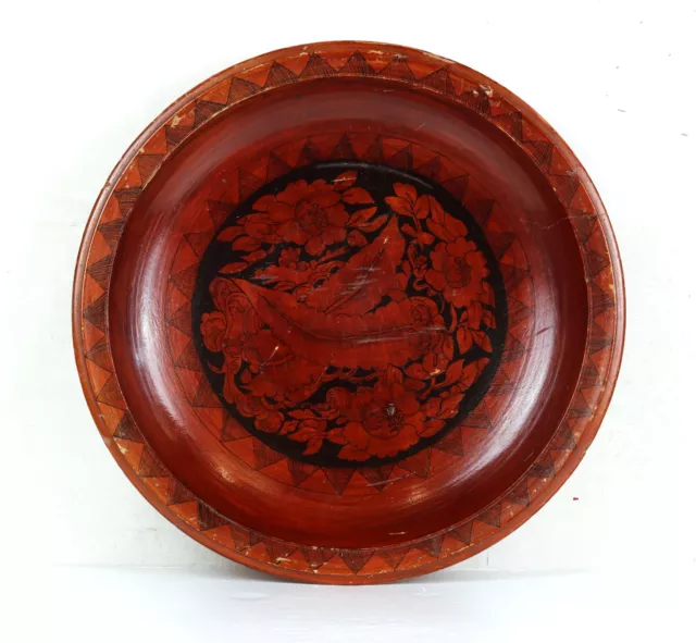 Large Antique Chinese Red Lacquered & Painted Wooden Fruit Bowl