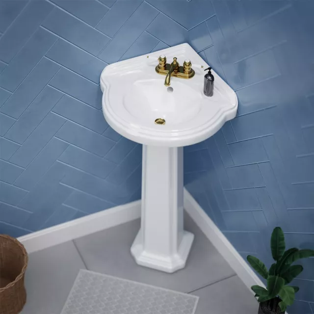 White Corner Pedestal Bathroom Sink with Overflow and Pre-Drilled Faucet Holes 2