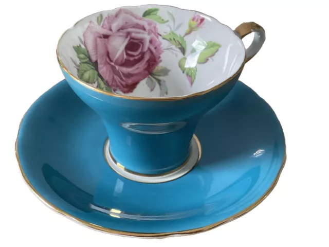 Aynsley England Blue Cabbage Rose Corset C957P Cup Saucer Vintage Bone China