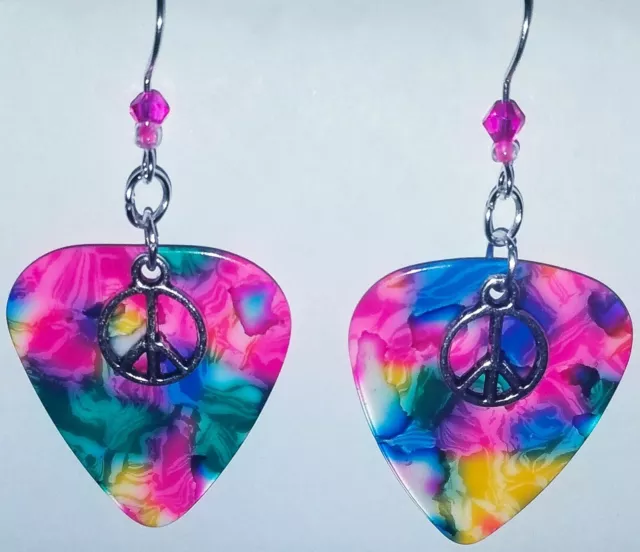 Rainbow Tie Dye Guitar Pick Earrings Peace Sign Pink Beads Silver Plated Jewelry
