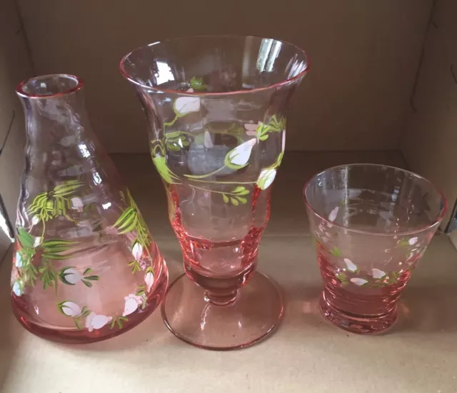 Bedside Water Jug Glass Set Pale Pink Glass with Pretty Hand Painted Flowers