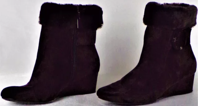 IMPO size 6.5M GEORGIE brown faux-suede low wedge-heel ankle boots faux-fur trim 2