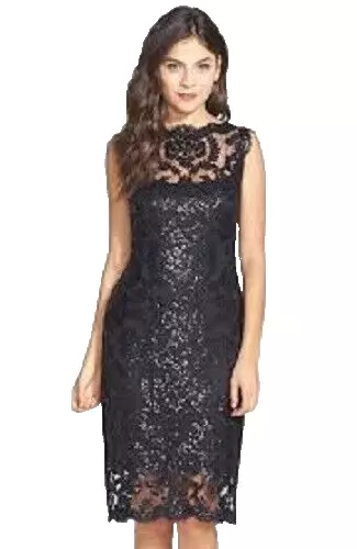 Tadashi Shoji Dress Black Sequin Embroidered Illusion Stretch Lace Size 8 Women