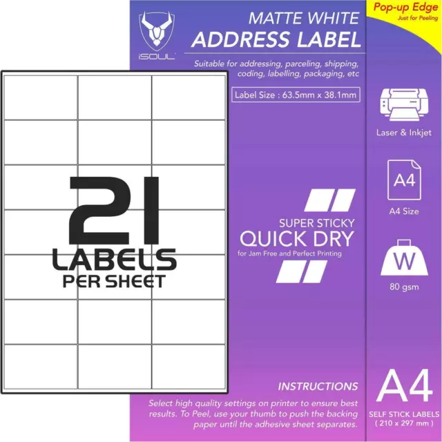 21 Labels Per A4 Sheet Matt Self Adhesive Sticky Peel Address Labels QuickDry