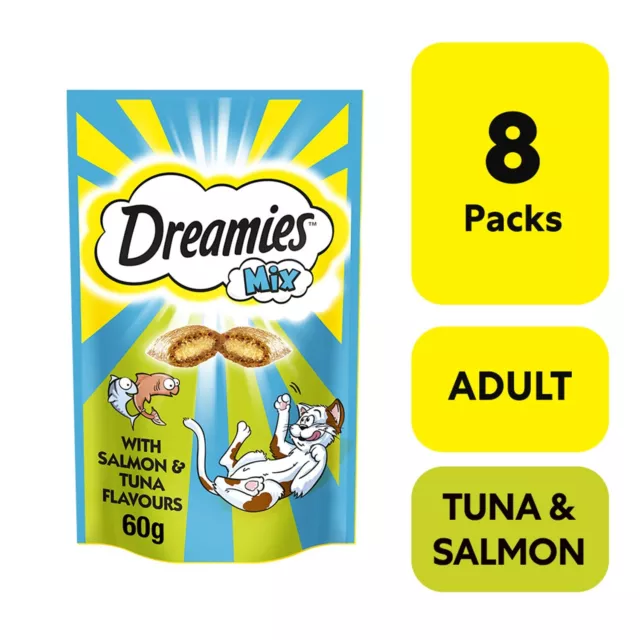 8 x 60g Dreamies Mix Adult Cat Treats Salmon & Tuna Cat Biscuits 480g Total