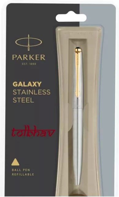 Parker Galaxy Stainless Steel GT Gold Trim Ballpoint Pen Fine Tip Blue Ink New