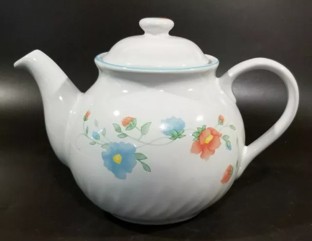 Corelle Coordinates Stoneware Teapot, White w blue & orange flowers, 7" H, EUC