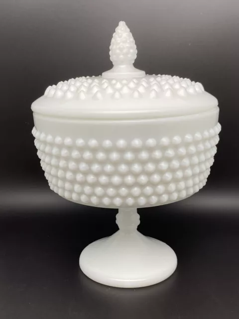 Vintage Fenton Milk Glass Hobnail Pedestal Compote Candy Dish w/Lid