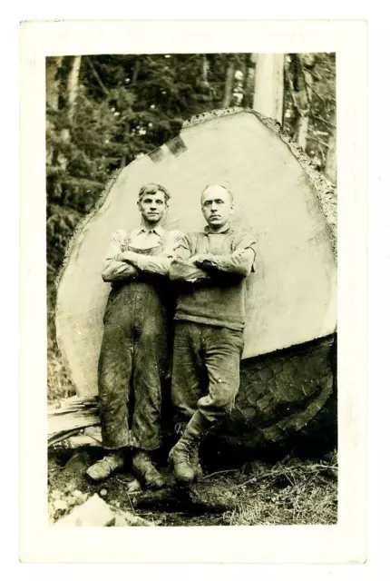 1910's LOGGERS Lumbermen w/ Huge Crosscut Log RPPC Logging Real Photo Postcard