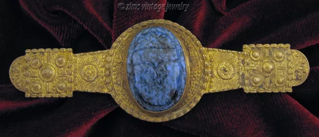 Antique ART DECO Egyptian revival Blue glass SCARAB ornate Brass gold Pin BROOCH