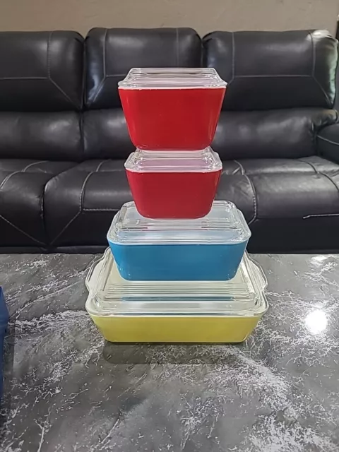 Vintage Set Of 4 Pyrex Refrigerator Dishes With Lids Primary Colors