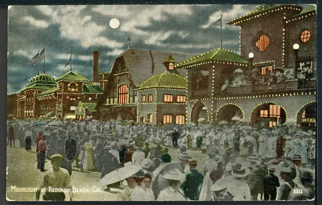 Redondo Beach Boardwalk Moonlight CA Historic Vintage Postcard Western Pub.