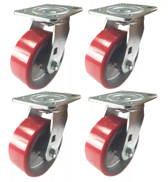 4 Swivel Casters - 4" Heavy Duty Cast Iron Hub Core Poly Wheel Non Skid Mark