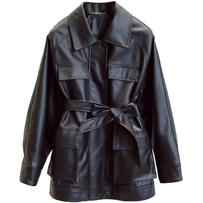 Vintage Women Faux Leather Jackets with Belt Pockets Coats Outwear Streetwear