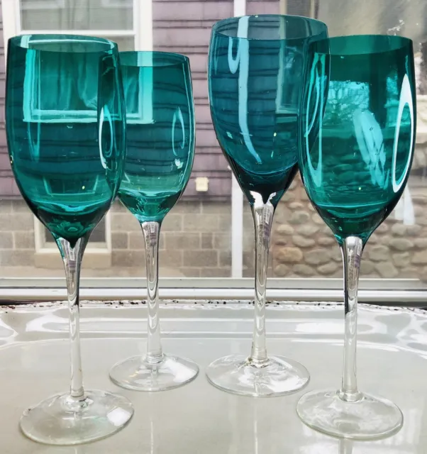 1980's Pier 1 Teal Blue Wine Champagne Flute Hand Blown Barware Glass Set Of 4