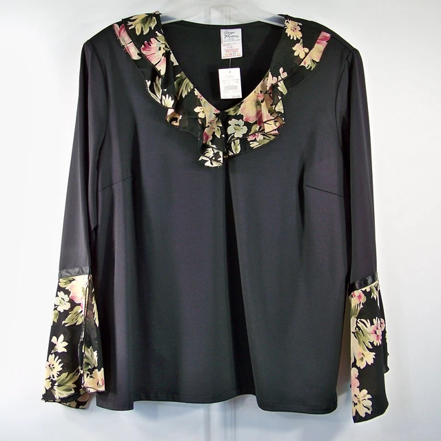 NWT Giorgio Fiorlini Measures 3X Tag 22 / 24 Top Black Floral Ruffled Spandex