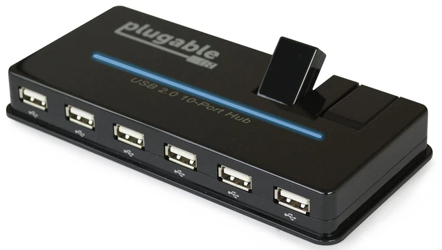 Plugable USB Hub, 10 Port - USB 2.0 with 20W Power Adapter and Two Flip-Up Po...
