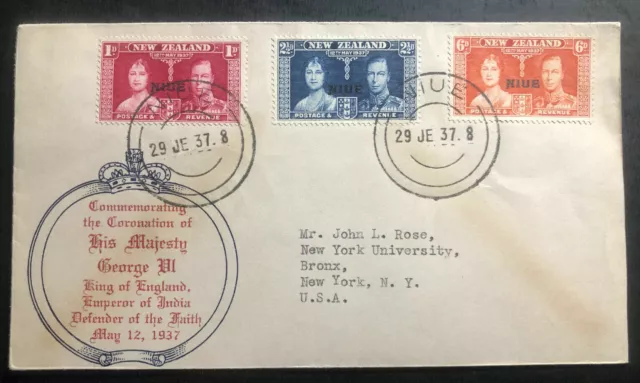 1937 Niue New Zealand First Day Cover King George VI Coronation KGVI To New York
